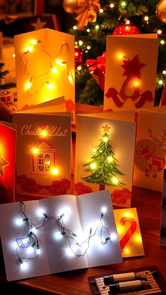 A display of creative Christmas cards with lights, showcasing DIY designs and festive decorations.